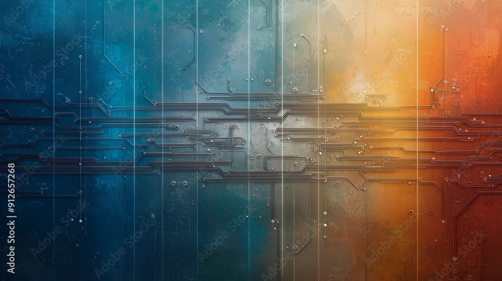 Poster abstract digital art with blue, gray, and orange color gradients and lines, creating a futuristic an
