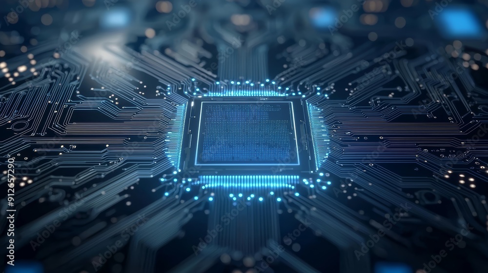 Aufkleber abstract digital circuit board with glowing blue processor chip. technology concept.