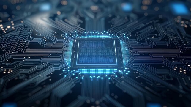 Abstract digital circuit board with glowing blue processor chip. Technology concept.
