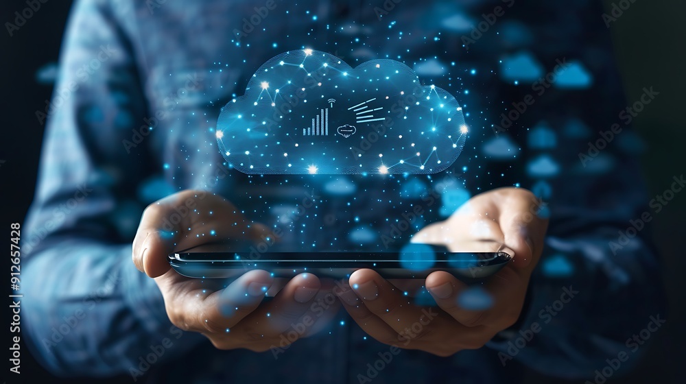 Poster cloud computing and digital technology in hands
