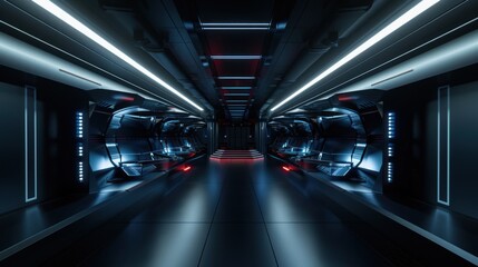 Fototapeta premium Futuristic Corridor with Red and Blue Neon Lights