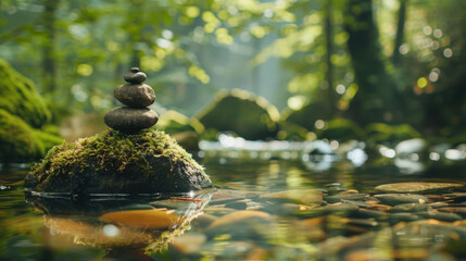 A stack of rocks is balanced on top of each other in a forest