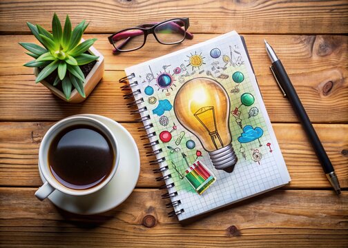 Creative entrepreneur's workspace features a notepad filled with innovative ideas, surrounded by motivational sayings and artistic doodles, embodying innovative thinking and vision. - Powered by Adobe