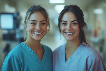 Fototapeta premium two nurses in colorful scrubs share a genuine laugh in a modern hospital corridor warm lighting and blurred medical equipment in background convey positive healthcare environment
