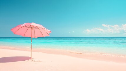 surreal island aesthetic with a pastel pink beach umbrella on pink sand, ocean in the distance, dreamy and calming beach scene, beach, umbrella