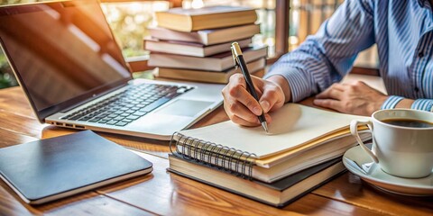 A hand holding a notebook and pen, scribbling notes in a cluttered academic setting, surrounded by textbooks, papers, and a laptop, conveying studious creativity.