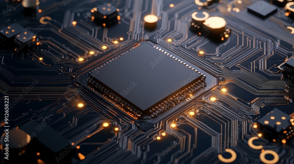 Poster close-up of a black microprocessor chip on a circuit board, illuminated with golden lights.