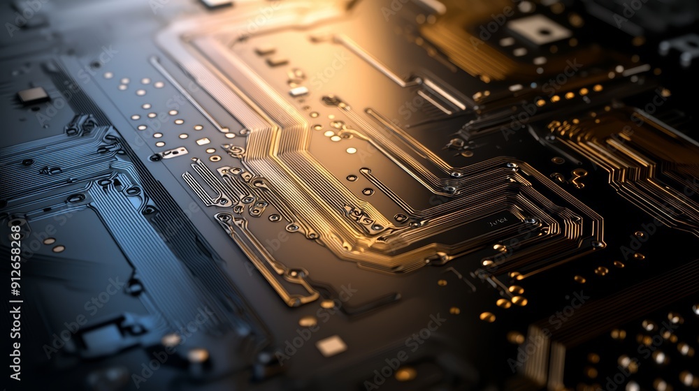 Poster close-up of a circuit board with intricate circuitry and glowing light.