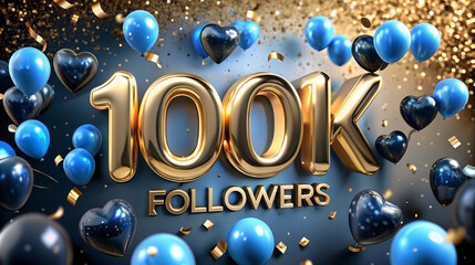 100k followers golden text on  blue balloons and hearts  glitter background. social media concept
