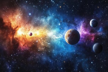 vast cosmic panorama alien planets colorful nebulas swirling galaxies asteroid belts ringed gas giants binary star systems deep space exploration theme