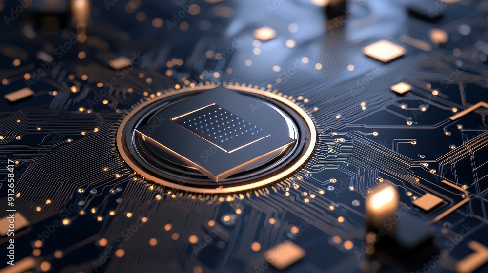 Poster close-up of a computer chip on a circuit board. the chip is surrounded by a golden ring and intricat