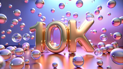 10k followers golden text on  bubbles background. social media concept