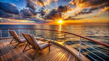 Luxurious yacht sails into serene ocean sunset, empty deck chairs and elegant railings await, evoking feelings of relaxation and romance for a golden years getaway.