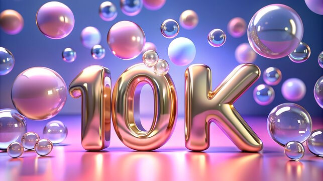 10k followers golden text on  bubbles background. social media concept
