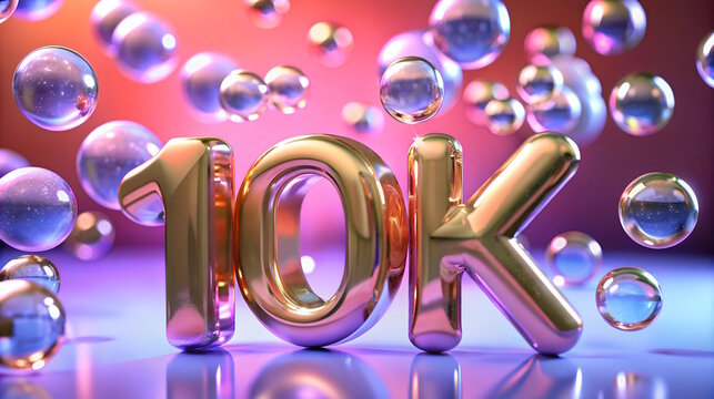 10k followers golden text on  bubbles background. social media concept