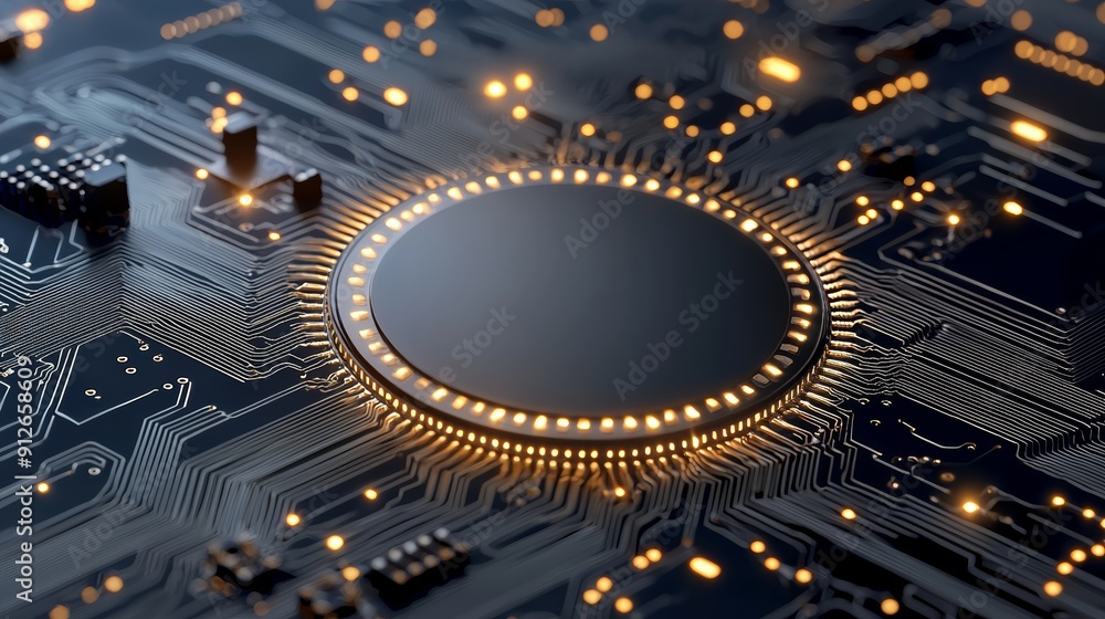 Aufkleber close-up of a glowing computer chip on a circuit board.