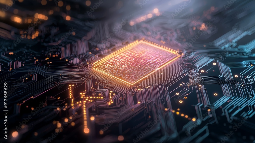 Aufkleber close-up of a glowing microchip on a circuit board, representing technology and innovation.