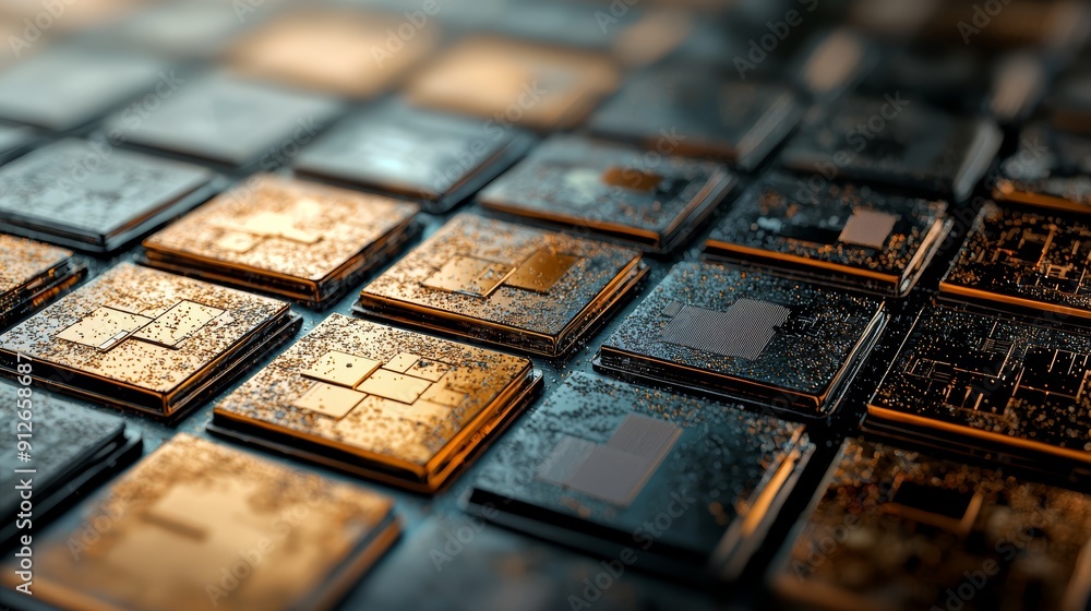Poster close-up of a grid of microchips, showcasing their intricate circuitry. the image represents technol