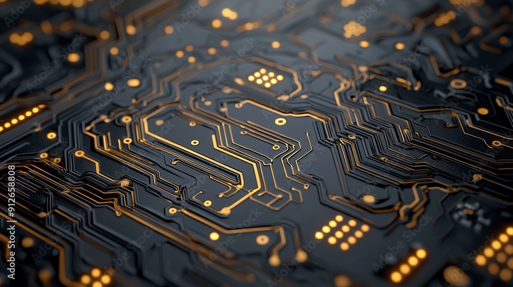 Poster close-up of a printed circuit board with intricate pathways and illuminated points, representing mod