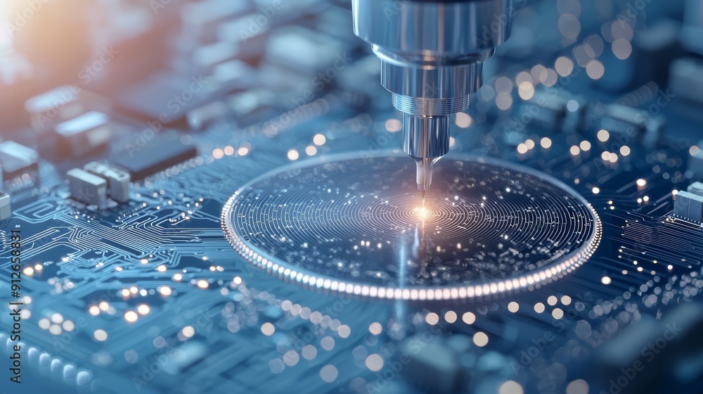 Poster close-up of a robotic arm assembling a circuit board. the metallic drill bit is in focus, with the b