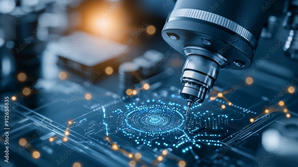 Poster close-up of a robotic arm working on a circuit board, with a digital interface overlay. represents a