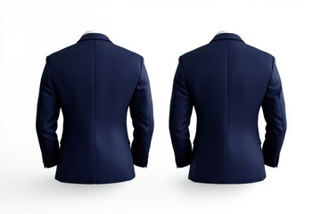 Back view of two navy blue blazers on white background