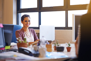Portrait, laptop and business woman at workstation for typing report, project feedback or online review. Professional, journalist and employee for news article, proofreading or information in office