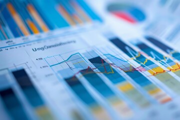 Business documents with charts and graphs illustrating market trends and financial performance