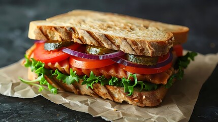 A sandwich with lettuce, tomato, and onions on a piece of paper