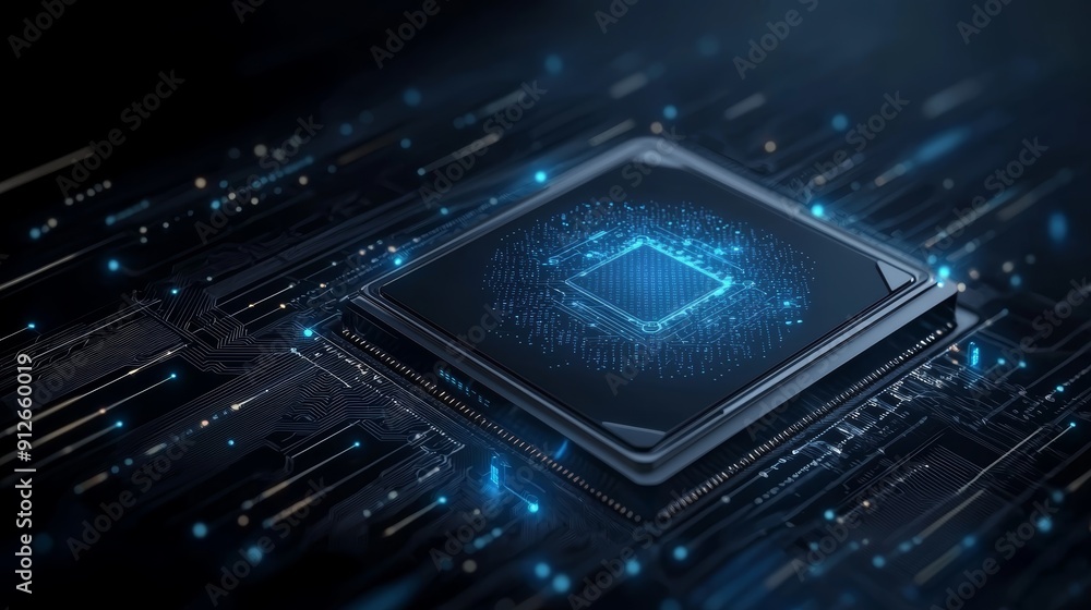 Poster high-tech microchip with glowing circuits in a futuristic digital background, representing modern te