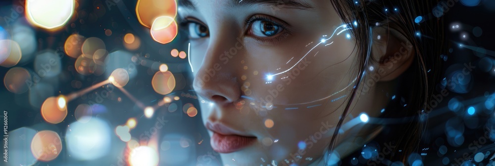 Poster ai technology smart robot used by women for futuristic global connections to access online informati