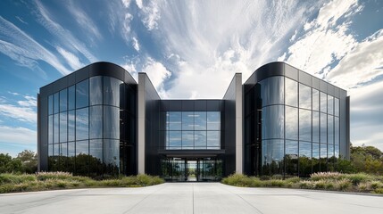Modern, sleek office building with glass facade against a dramatic sky.