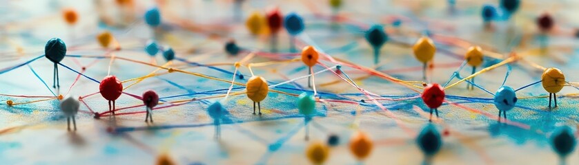 Closeup of a brainstorming board filled with interconnected ideas, colorful strings linking concepts together, Realistic, High detail