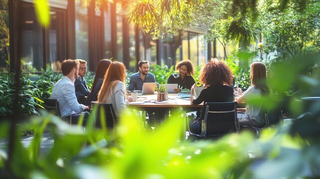 Collaborative brainstorming in an outdoor workspace, greenery surrounding the participants, natural sunlight illuminating the scene, Ecofriendly, Soft colors