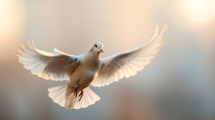Obraz premium A white dove in mid-flight with wings spread against a softly blurred background with warm lighting.