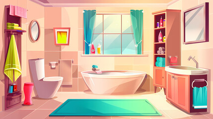 Bath room interior with bathtub and toilet bowl, cabinets and mirrors, cleaning products, and towels. Cartoon vector shower space with window and carpet on floor.