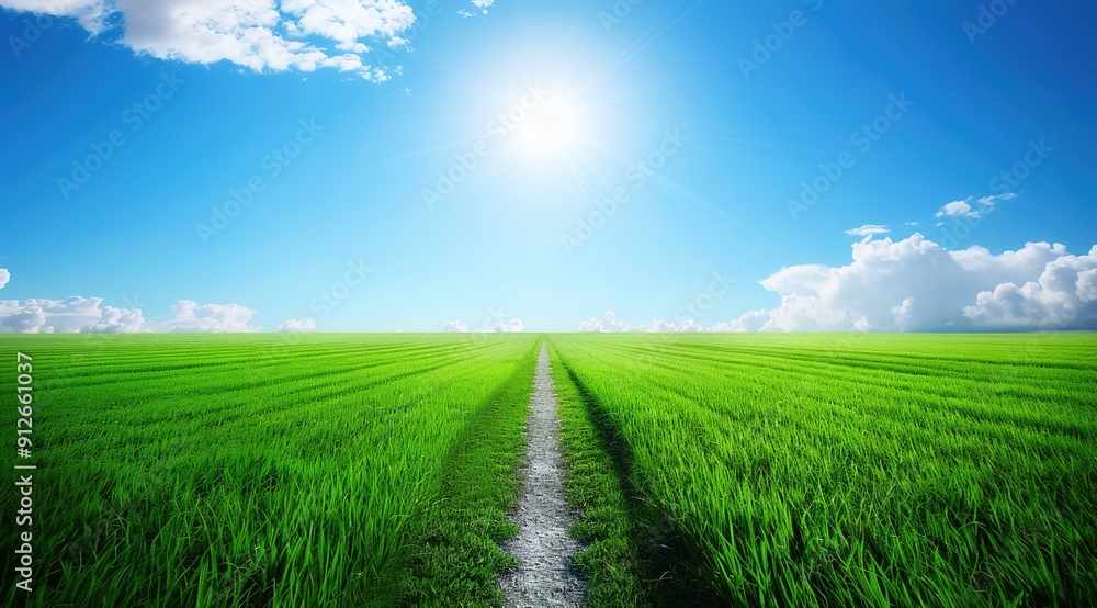 Poster green field and blue sky