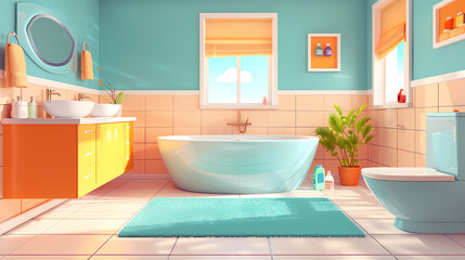 Bath room interior with bathtub and toilet bowl, cabinets and mirrors, cleaning products, and towels. Cartoon vector shower space with window and carpet on floor.