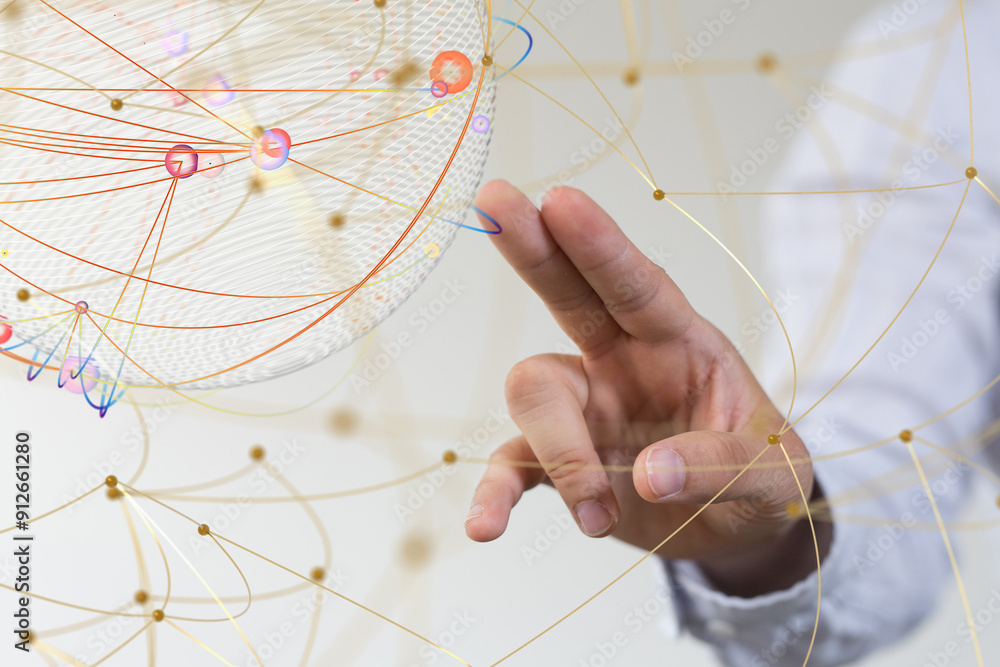 Poster Global network. Blockchain. 3D illustration. Neural networks and artificial intelligence. Abstract