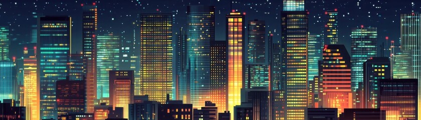 A vibrant city skyline at night, illuminated by colorful lights, showcasing modern architecture and urban energy.