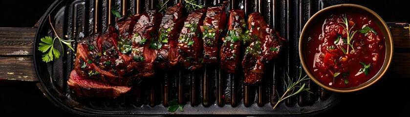 Delicious grilled meat served with savory sauce and garnish, perfect for culinary use and food presentations.