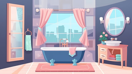 Bath room interior with bathtub and toilet bowl, cabinets and mirrors, cleaning products, and towels. Cartoon vector shower space with window and carpet on floor.