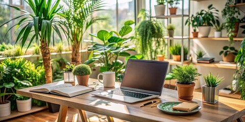 Obraz premium Cozy desk setup with Laptop, organized documents, and lush green plants, perfect for remote work, productivity, and home office inspirations, evoking feelings of calm focus.