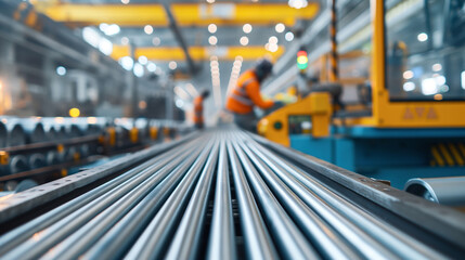 Modern industrial facility with long metal rods in foreground, workers in orange safety vests operating machinery. Overhead cranes and equipment in background.