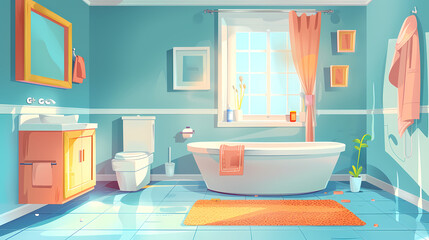 Bath room interior with bathtub and toilet bowl, cabinets and mirrors, cleaning products, and towels. Cartoon vector shower space with window and carpet on floor.