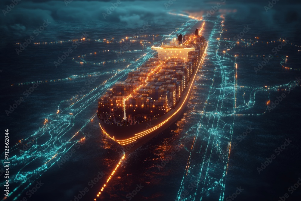 Poster global shipping route: aerial view of cargo ships and logistics pathways connecting continents