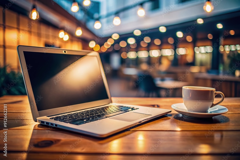 Poster modern laptop computer with keyboard illuminated by screen light, surrounded by coffee cup and noteb