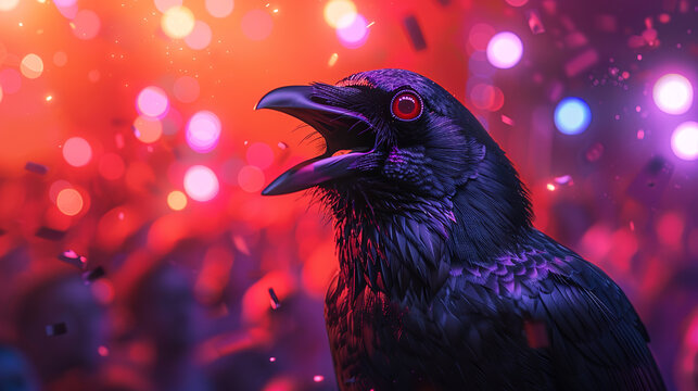 Black raven is cawing with its beak wide open in front of a blurred party scene with confetti falling