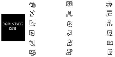 Digital service simple concept 18 icons set. Contains such cloud computing, internet, digital transformation.Vector illustration.