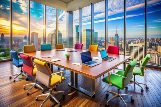 Colorful conference room with chairs, laptops, and notepads, surrounded by cityscape views, conveying a sense of upcoming collaborative success and diverse teamwork.